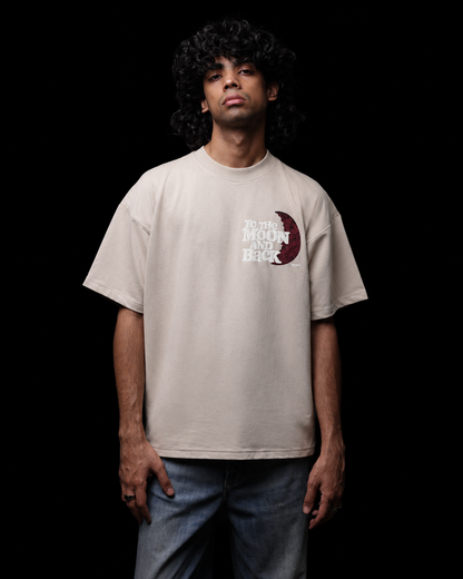 To The Moon & Back Beige Oversized Graphic T-Shirt
