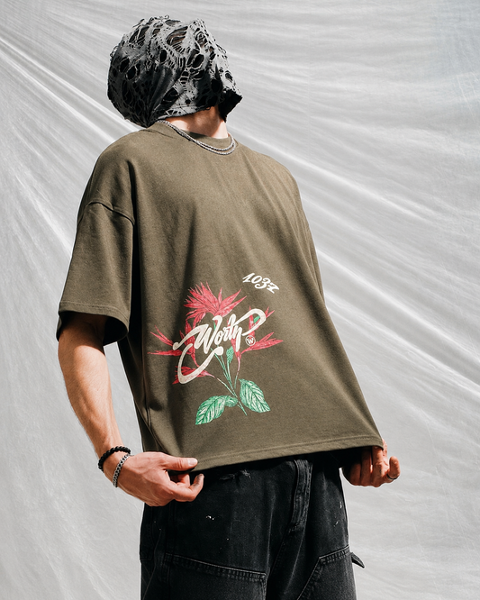 WORTH WORLDWIDE Lotus 1037 Olive drop shoulder oversized t-shirt for premium streetwear