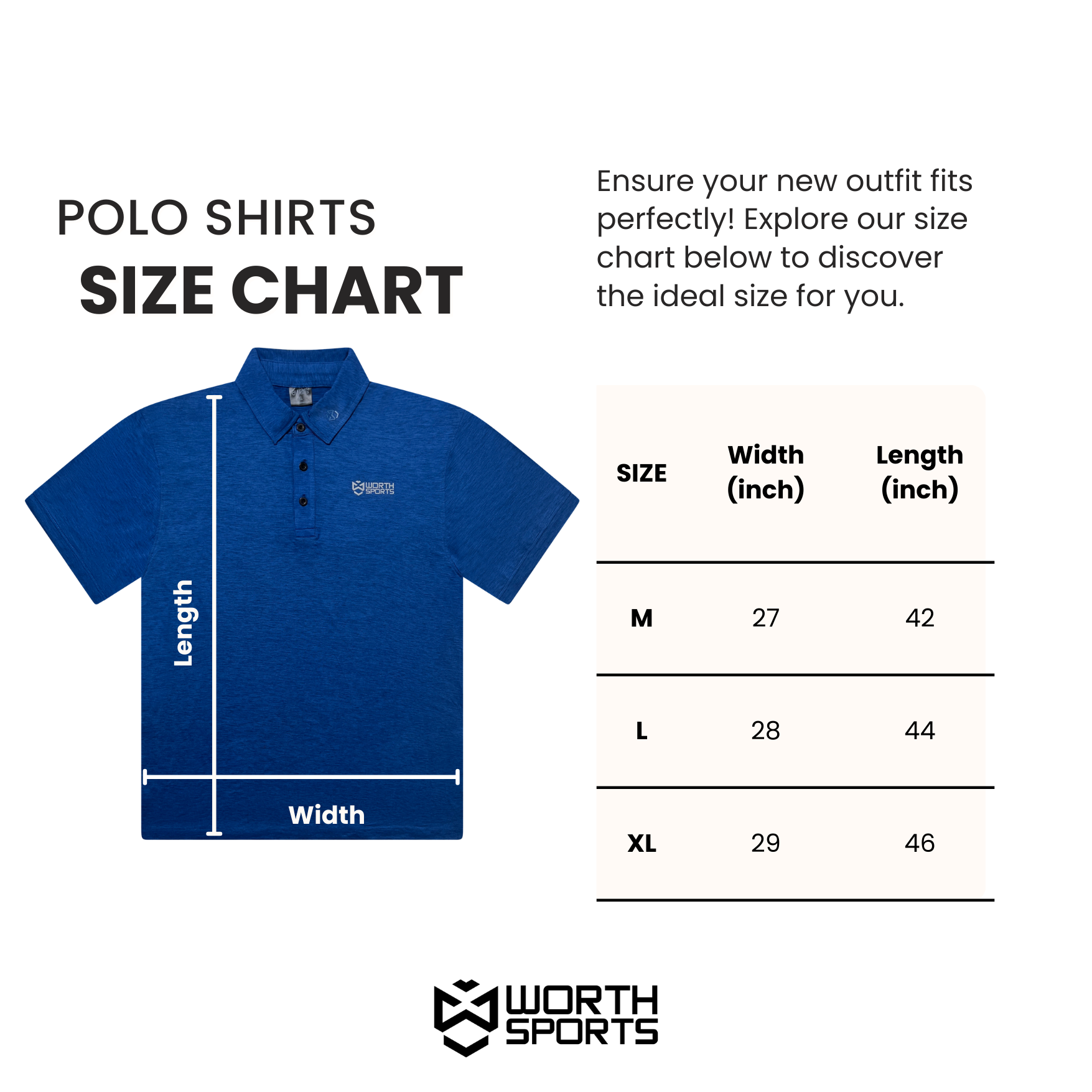 Worth Activewear Polo Denim Blue size chart