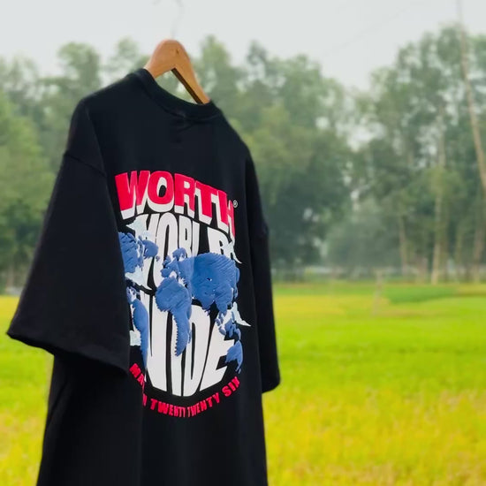 WORTH WORLDWIDE World Wide Black drop shoulder oversized t-shirt for premium streetwear