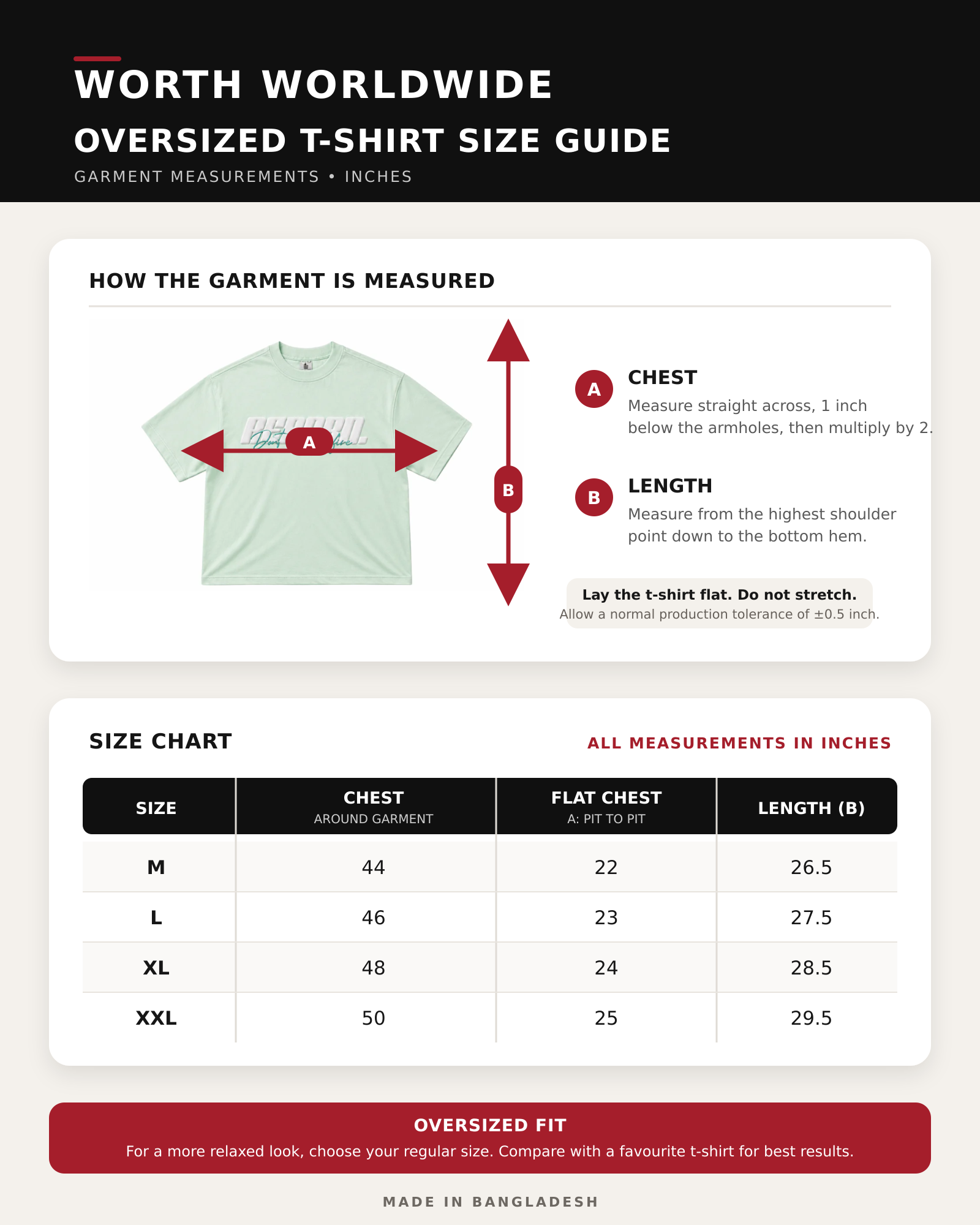 Rugged Dreams Black Oversized Graphic T-Shirt size chart